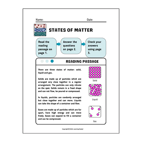 States of Matter Reading Comprehension Worksheet