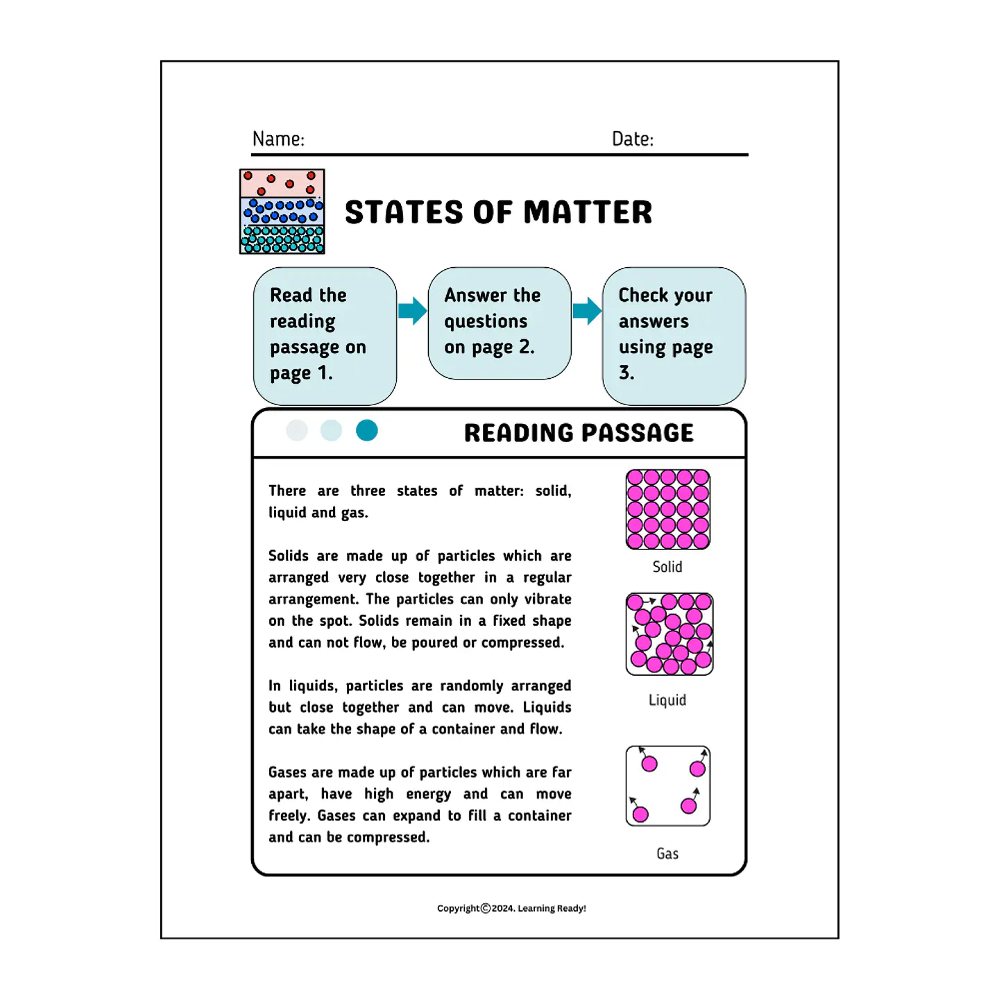 States of Matter Reading Comprehension Worksheet 1