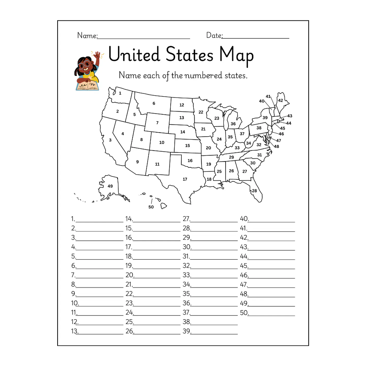 United States Map: Identify the States Worksheet 1