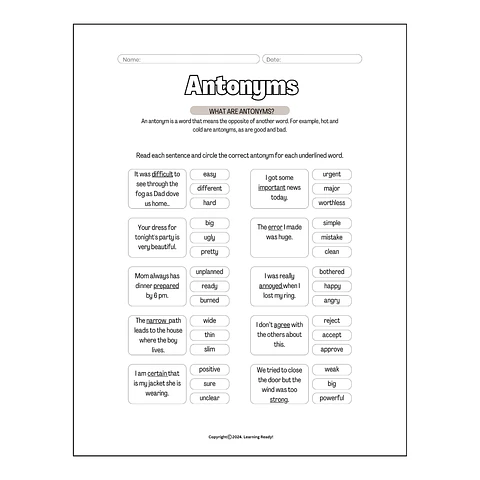 Identifying Antonyms Worksheet