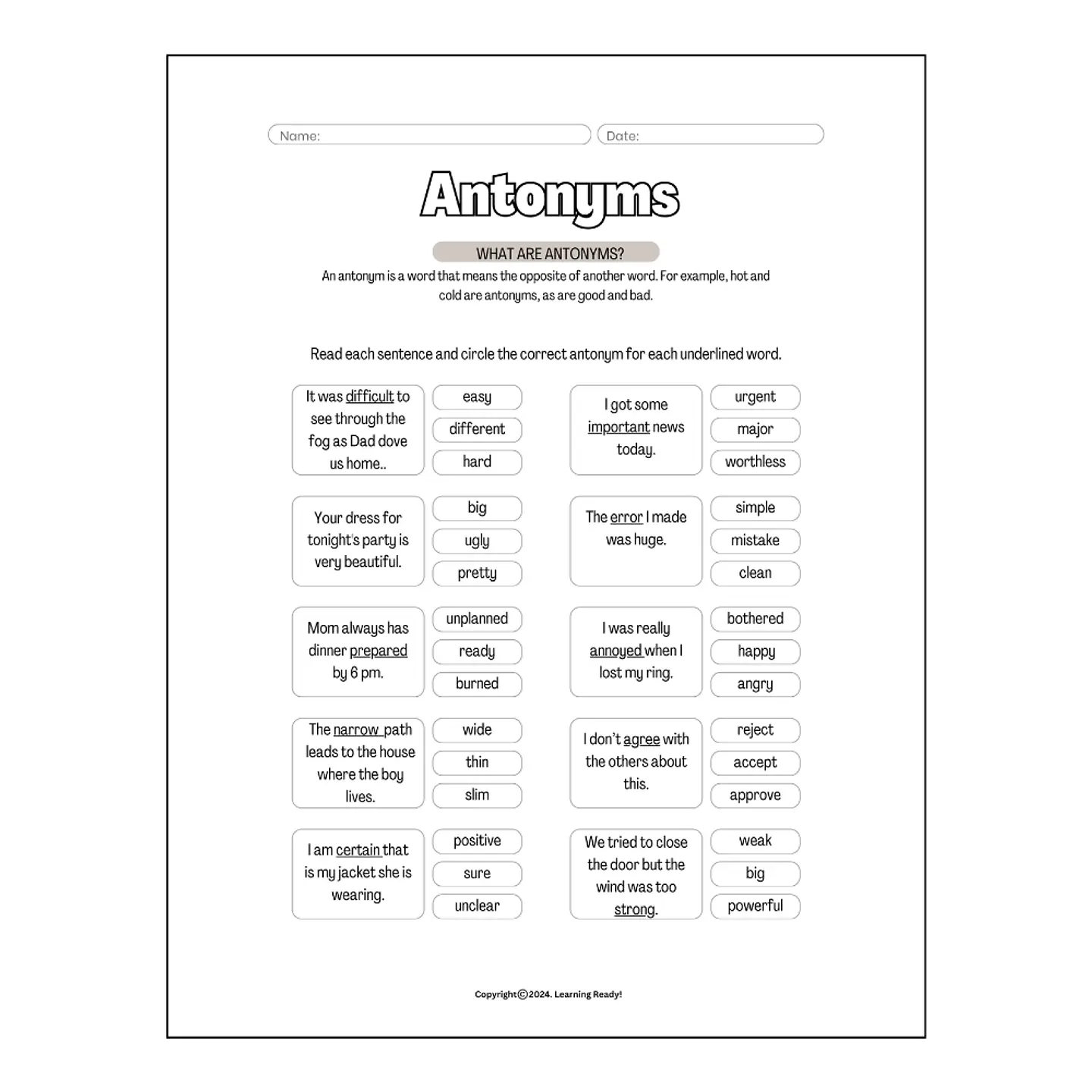 Identifying Antonyms Worksheet 1