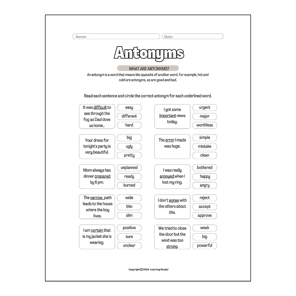 Identifying Antonyms Worksheet 1