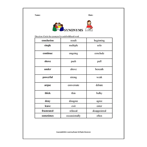 Identifying Synonyms Worksheet