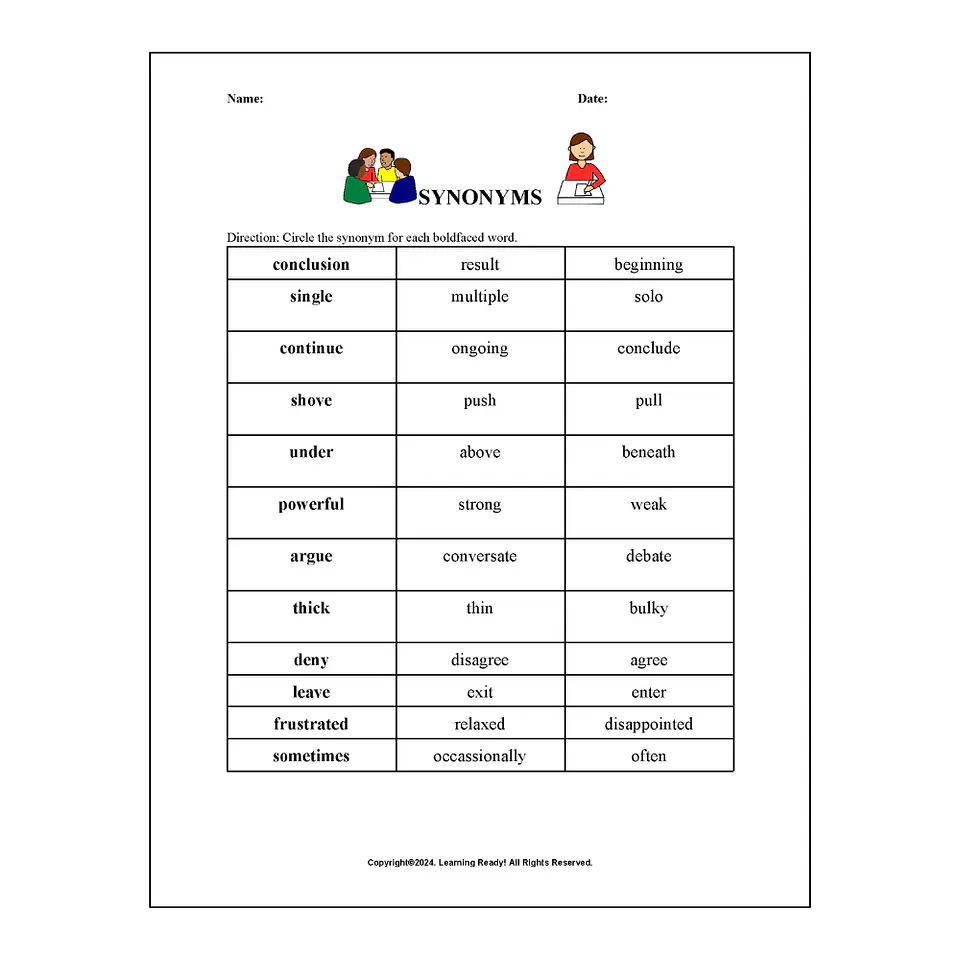 Identifying Synonyms Worksheet 1