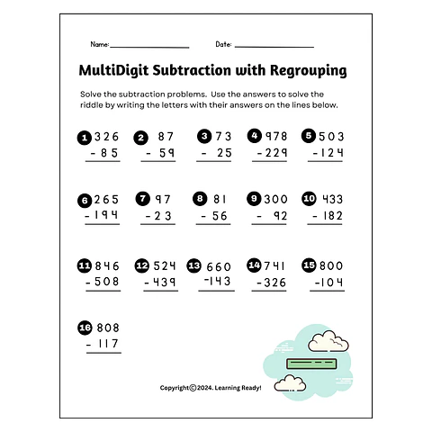 Multi-Digit Subtraction with Regrouping Worksheet