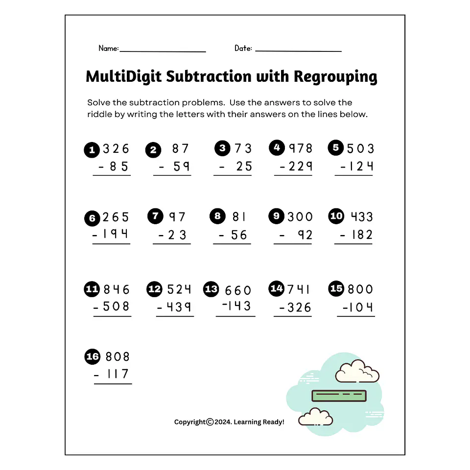 Multi-Digit Subtraction with Regrouping Worksheet 1