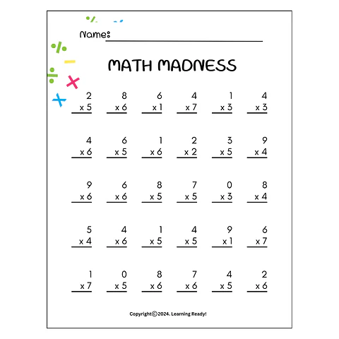 Multiplication Math Madness Worksheet
