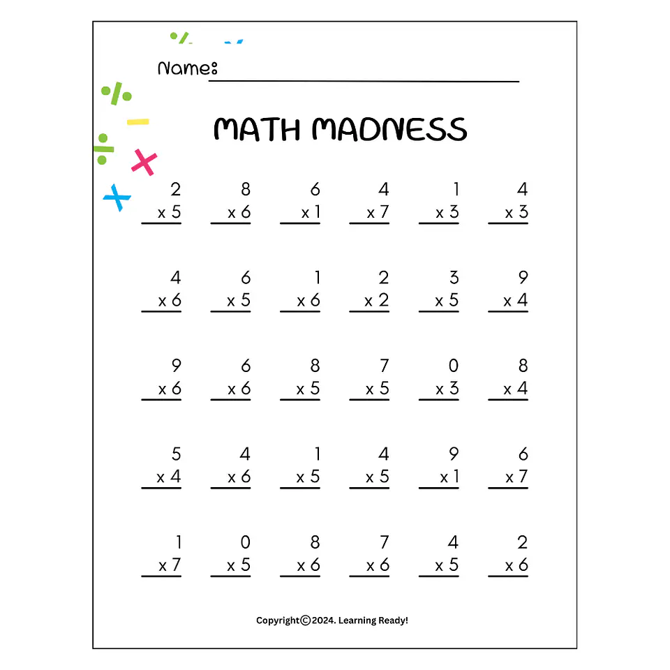 Multiplication Math Madness Worksheet 1