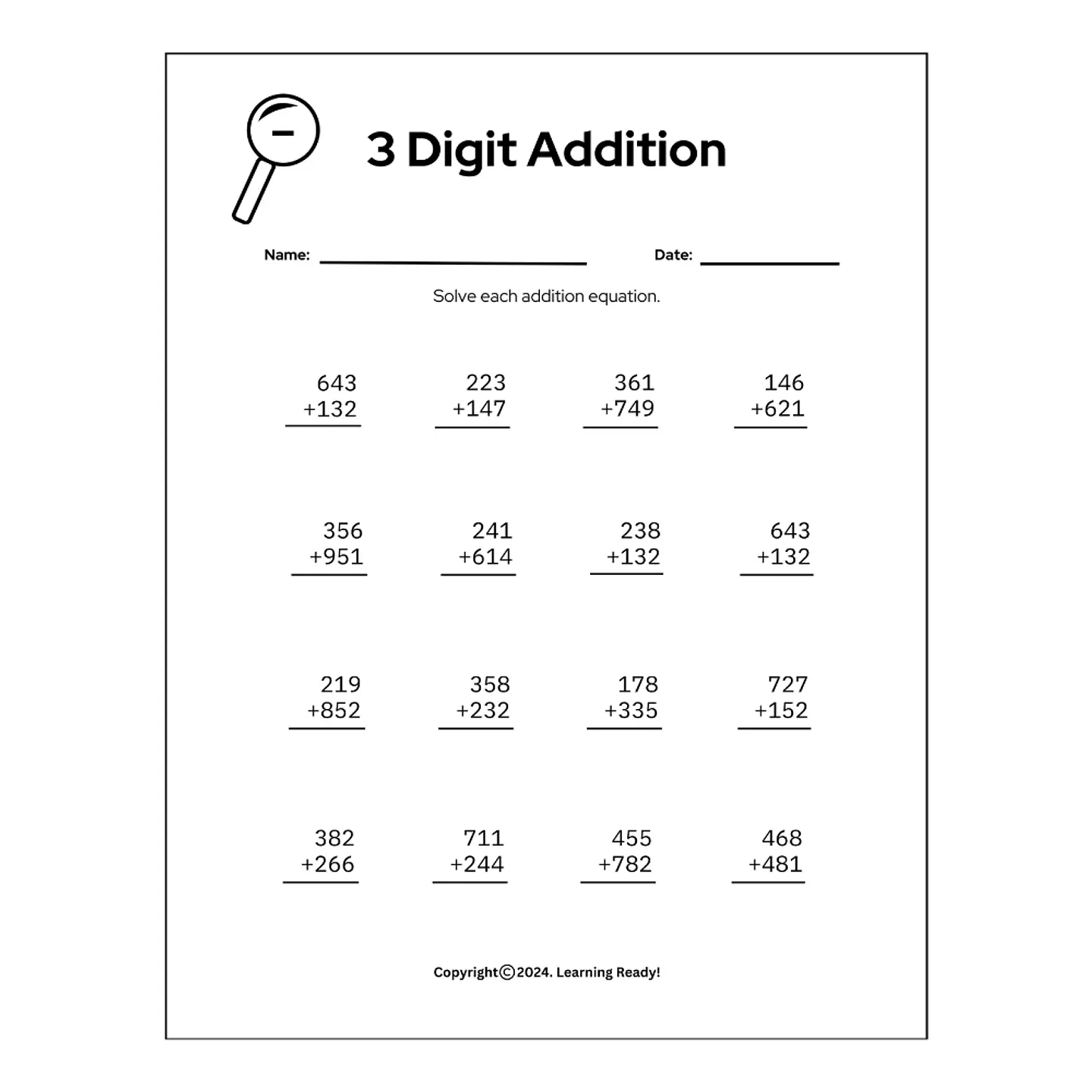 3 Digit Addition with Carry Over 1