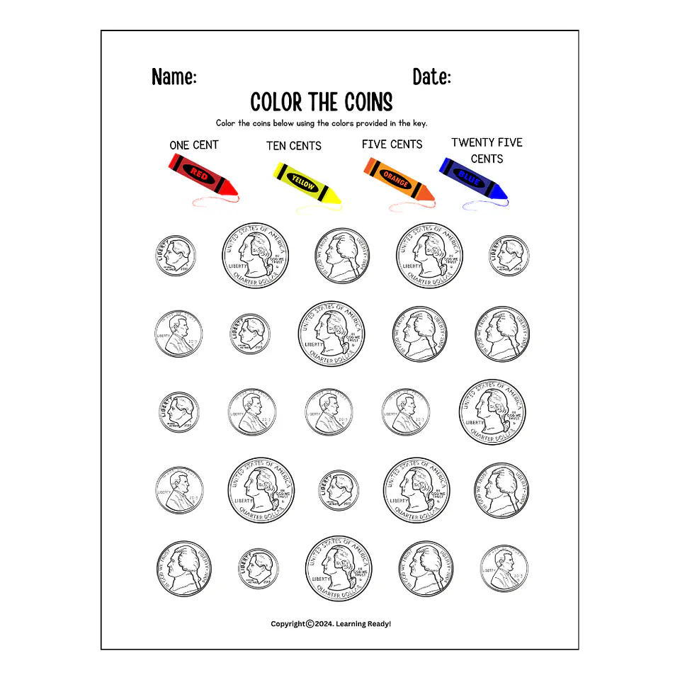 Color the Coins Math Worksheet 1
