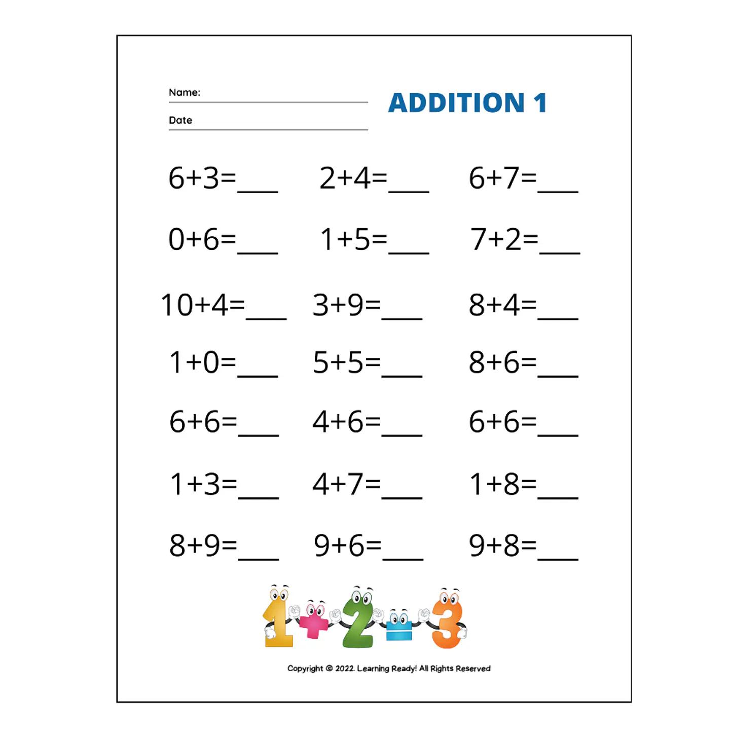 Addition 1 Math Worksheet 1