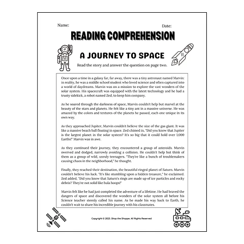 A Journey to Space Reading Comprehension Worksheet