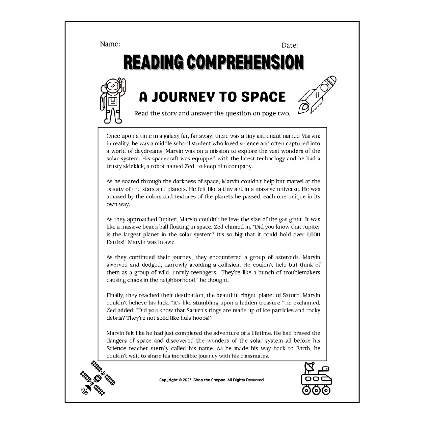 A Journey to Space Reading Comprehension Worksheet 1