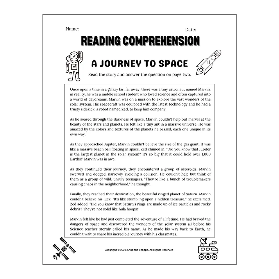 A Journey to Space Reading Comprehension Worksheet 1