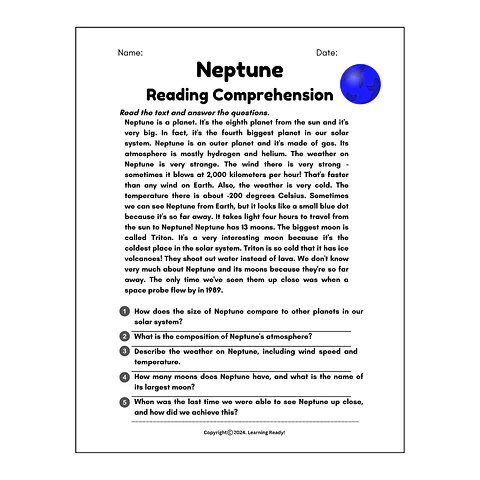 The Planets Reading Comprehension Worksheet