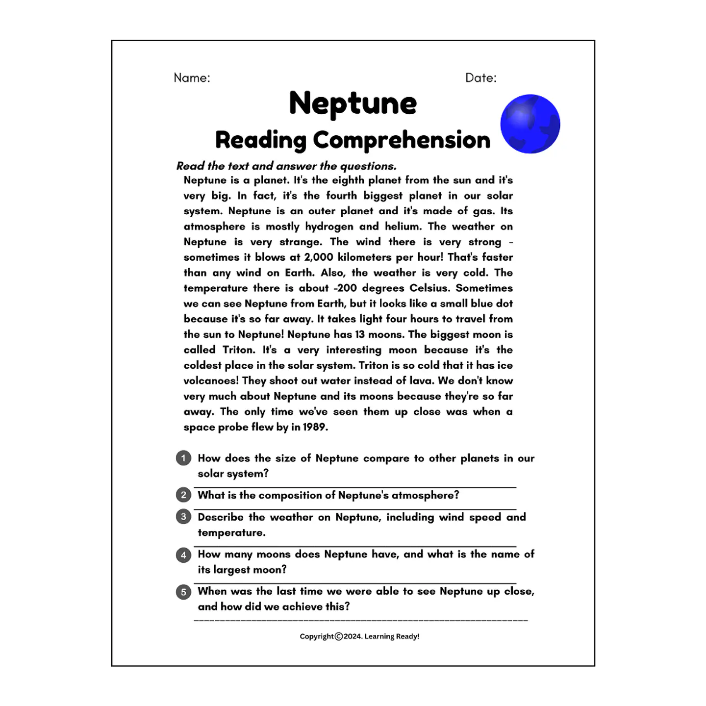 The Planets Reading Comprehension Worksheet 1