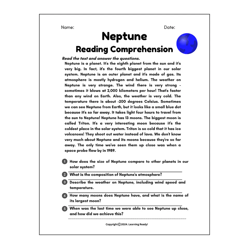 The Planets Reading Comprehension Worksheet 1