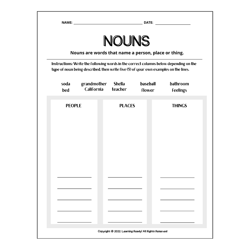 Nouns Practice Worksheet