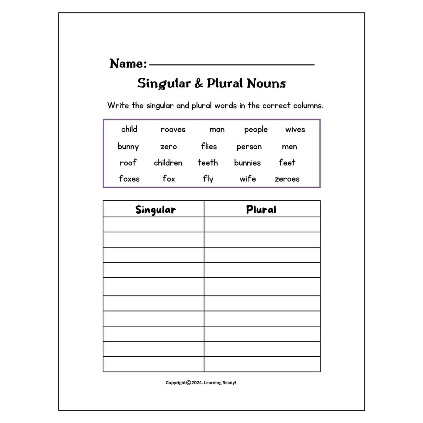 Singular & Plural Nouns Worksheet 1