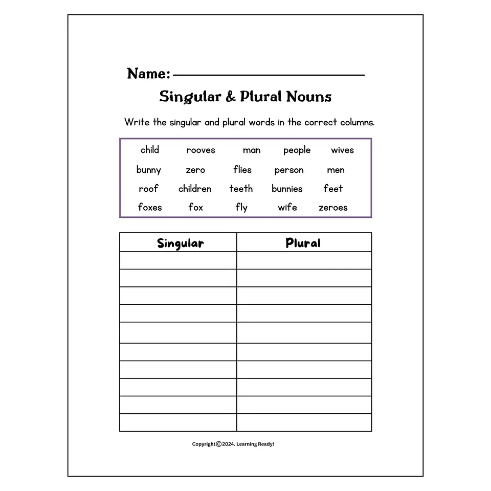 Singular & Plural Nouns Worksheet 1