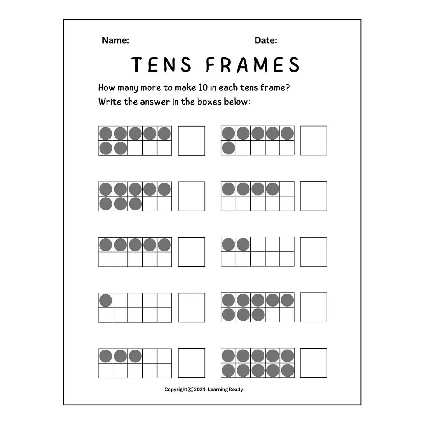 Ten Frames Math Worksheet 1