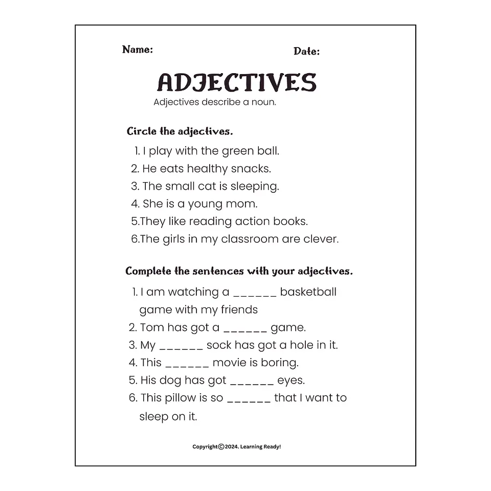 Adjectives Practice Worksheet 1