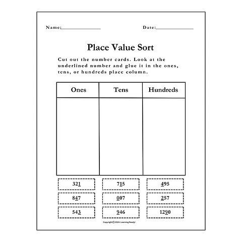 Place Value Sorting Activity Worksheet