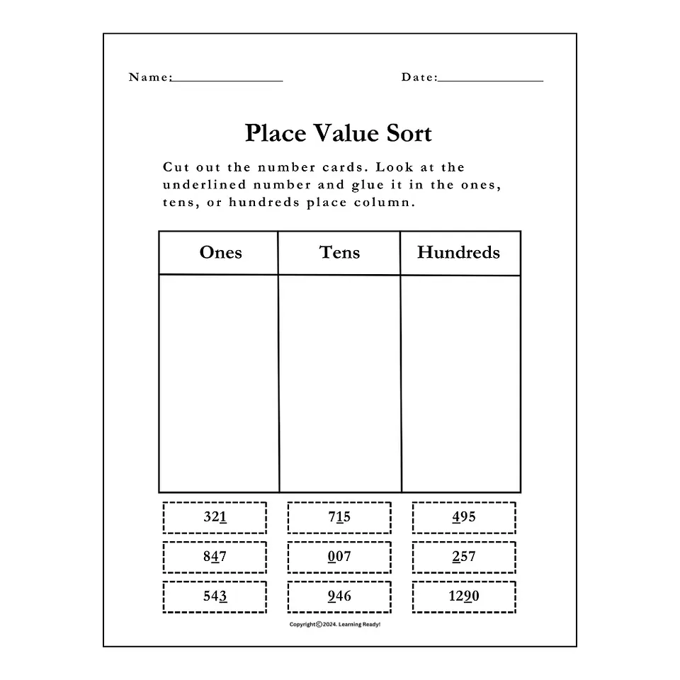 Place Value Sorting Activity Worksheet 1