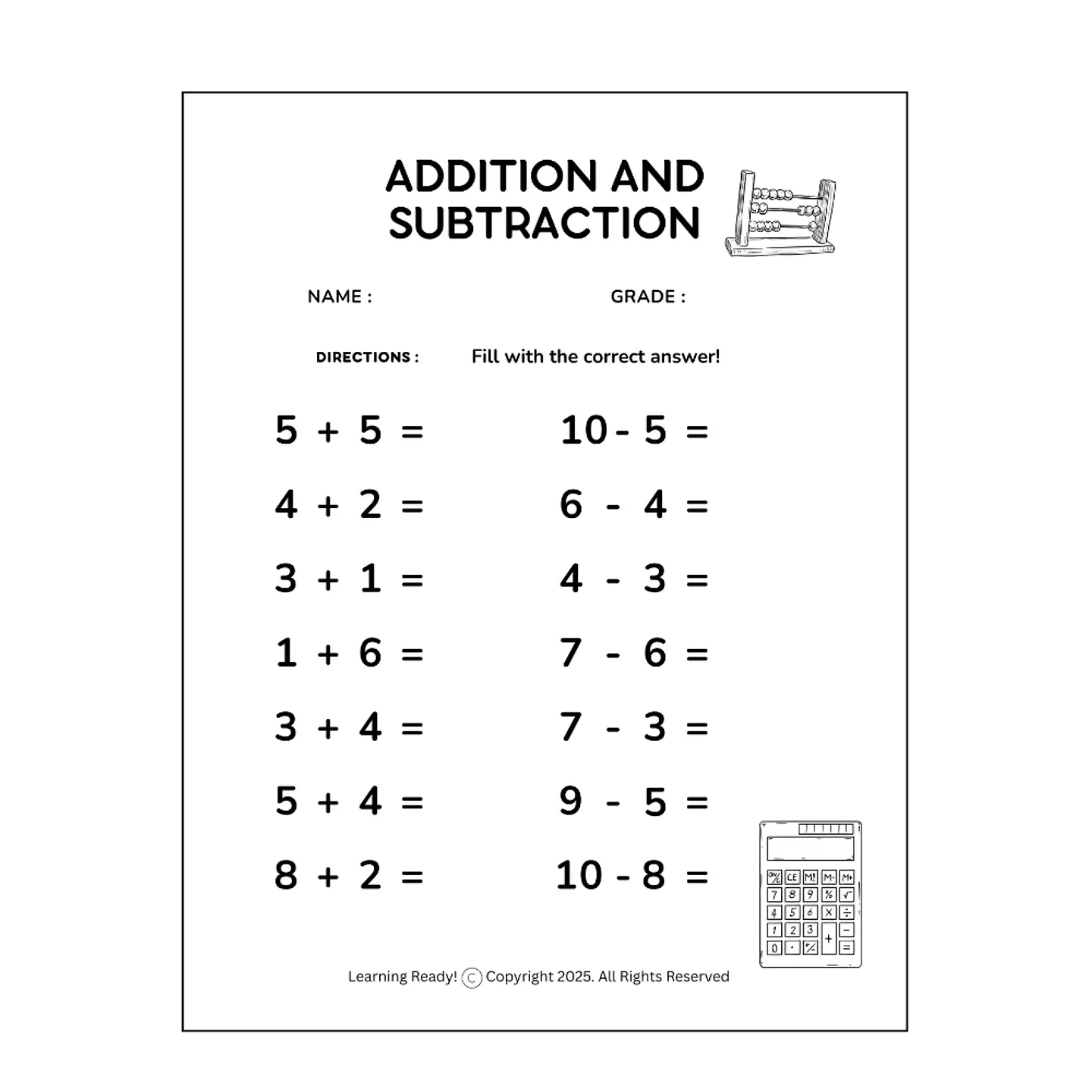 Addition & Subtraction Fact Family Worksheet 1