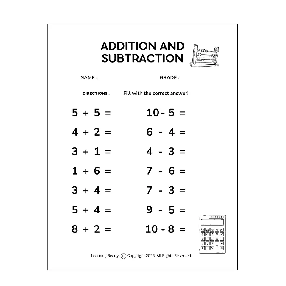Addition & Subtraction Fact Family Worksheet 1