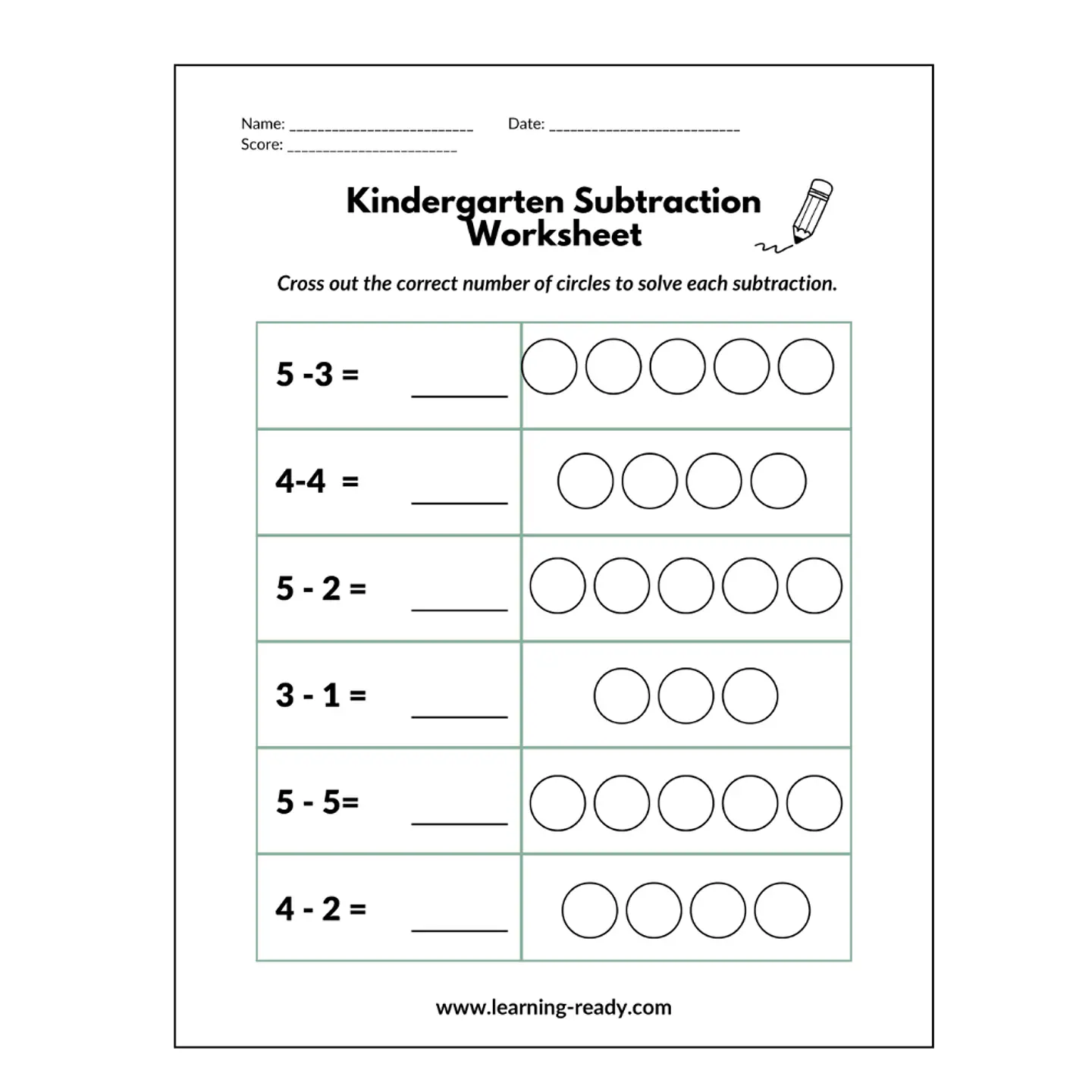 Kindergarten Subtraction Worksheet 1