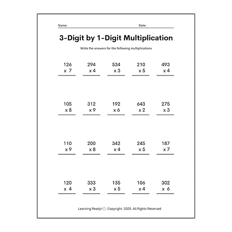 Multidigit Multiplication (3 by 1 Digit)