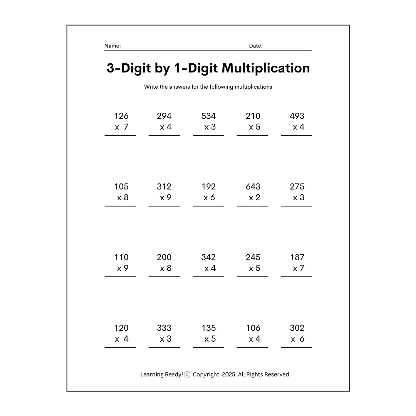 Multidigit Multiplication (3 by 1 Digit) 1