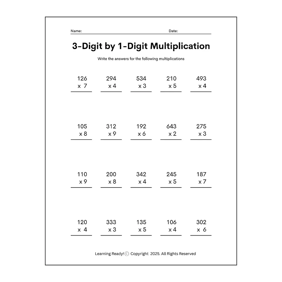 Multidigit Multiplication (3 by 1 Digit) 1