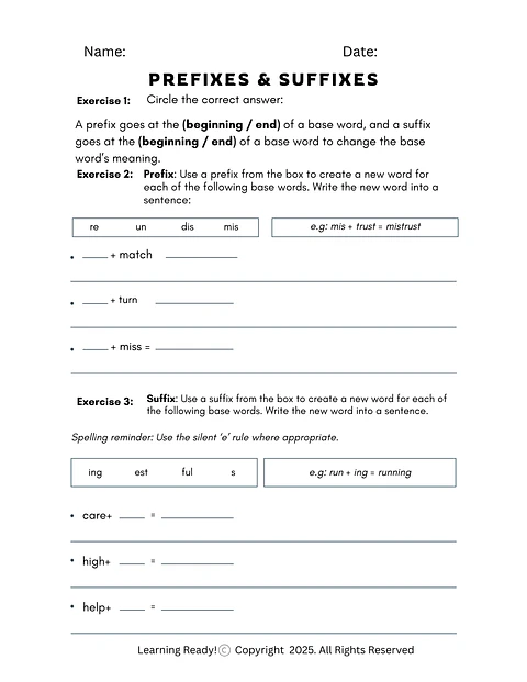 Prefixes & Suffixes Worksheet