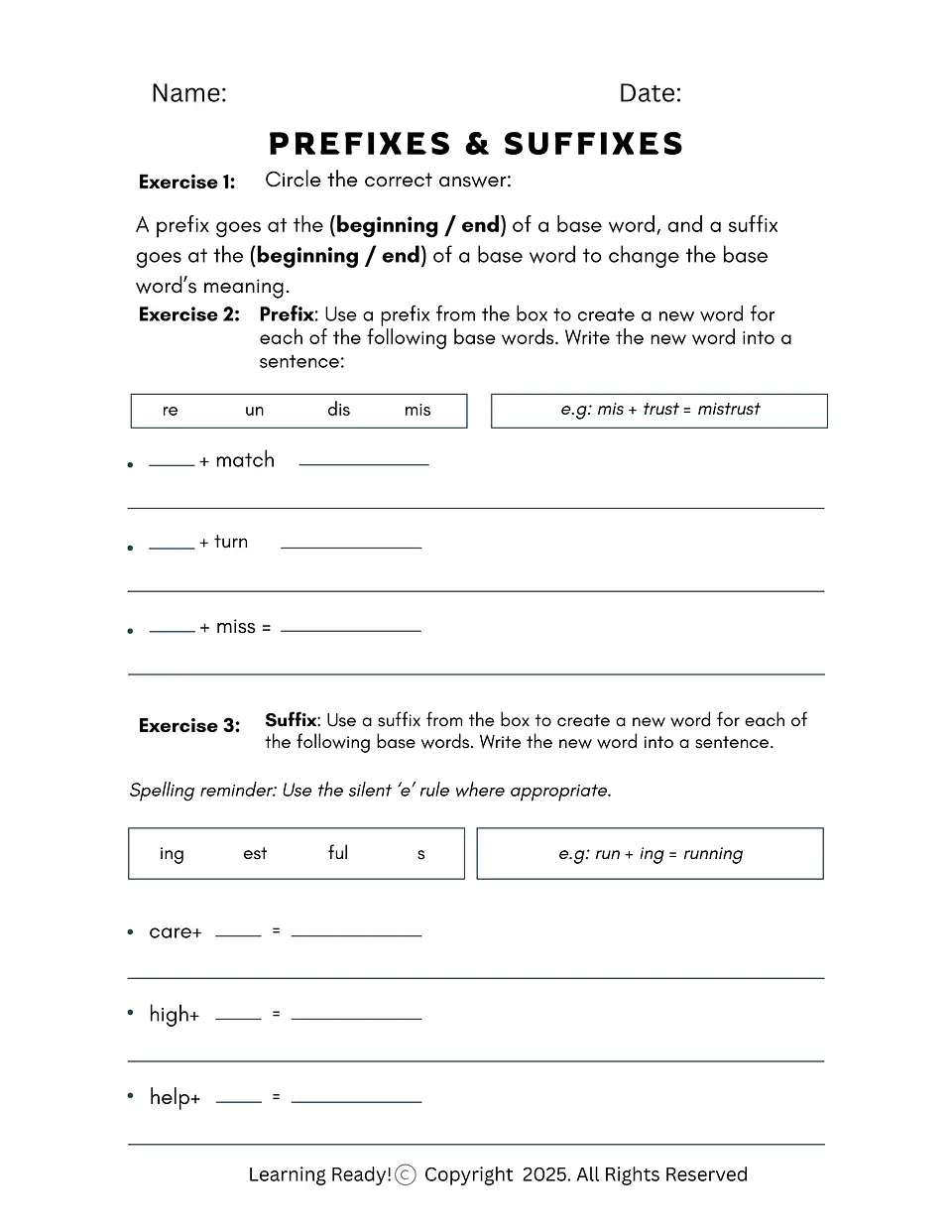 Prefixes & Suffixes Worksheet 1