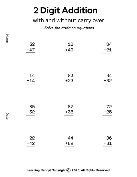 Two Digit Addition With and Without Carry Over