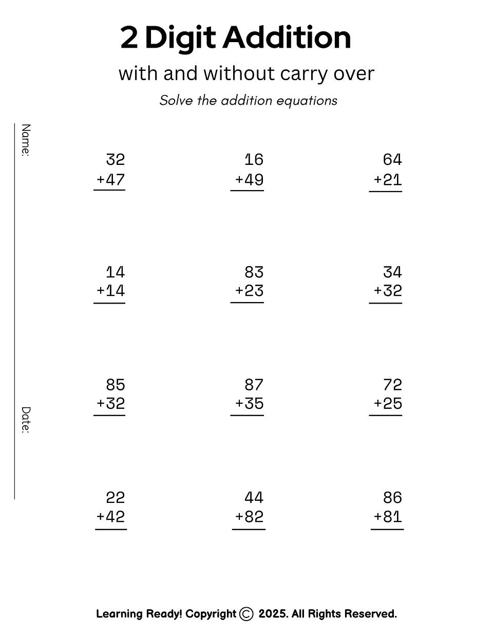 Two Digit Addition With and Without Carry Over 1