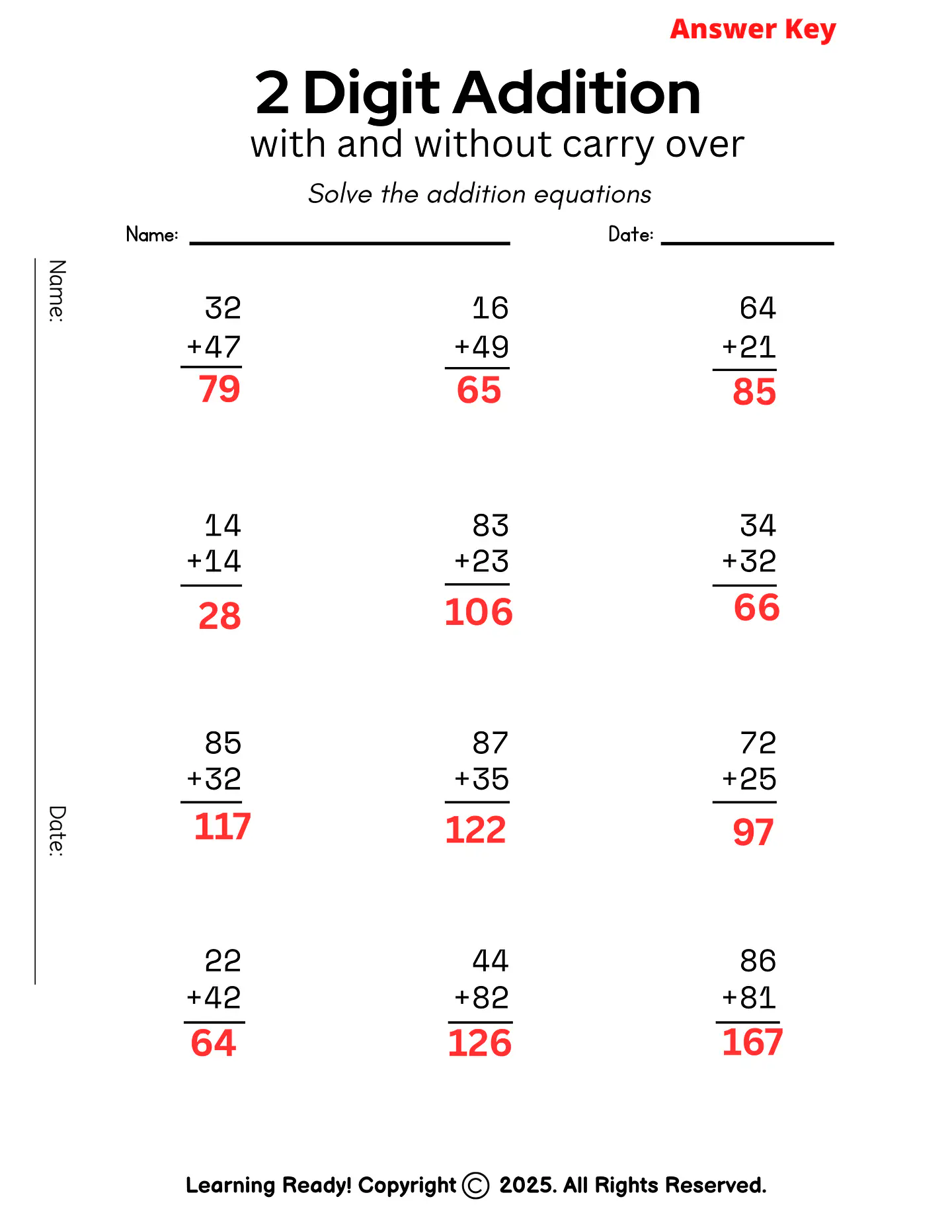 Two Digit Addition With and Without Carry Over 2