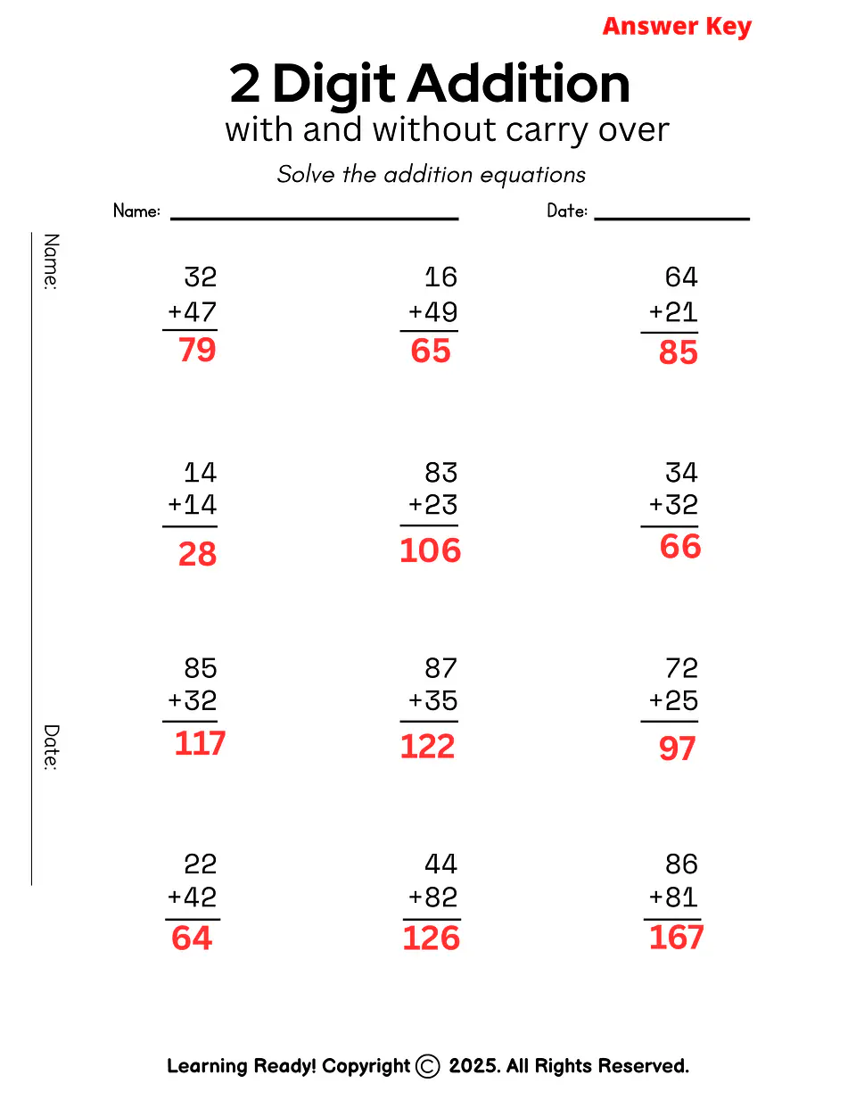 Two Digit Addition With and Without Carry Over 2