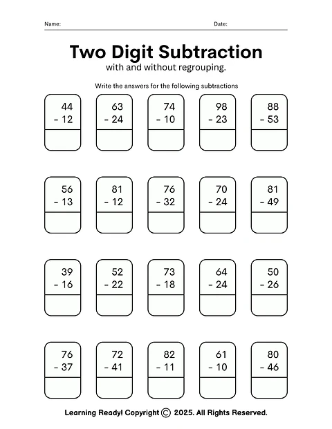 Two Digit Subtraction With & Without Regrouping