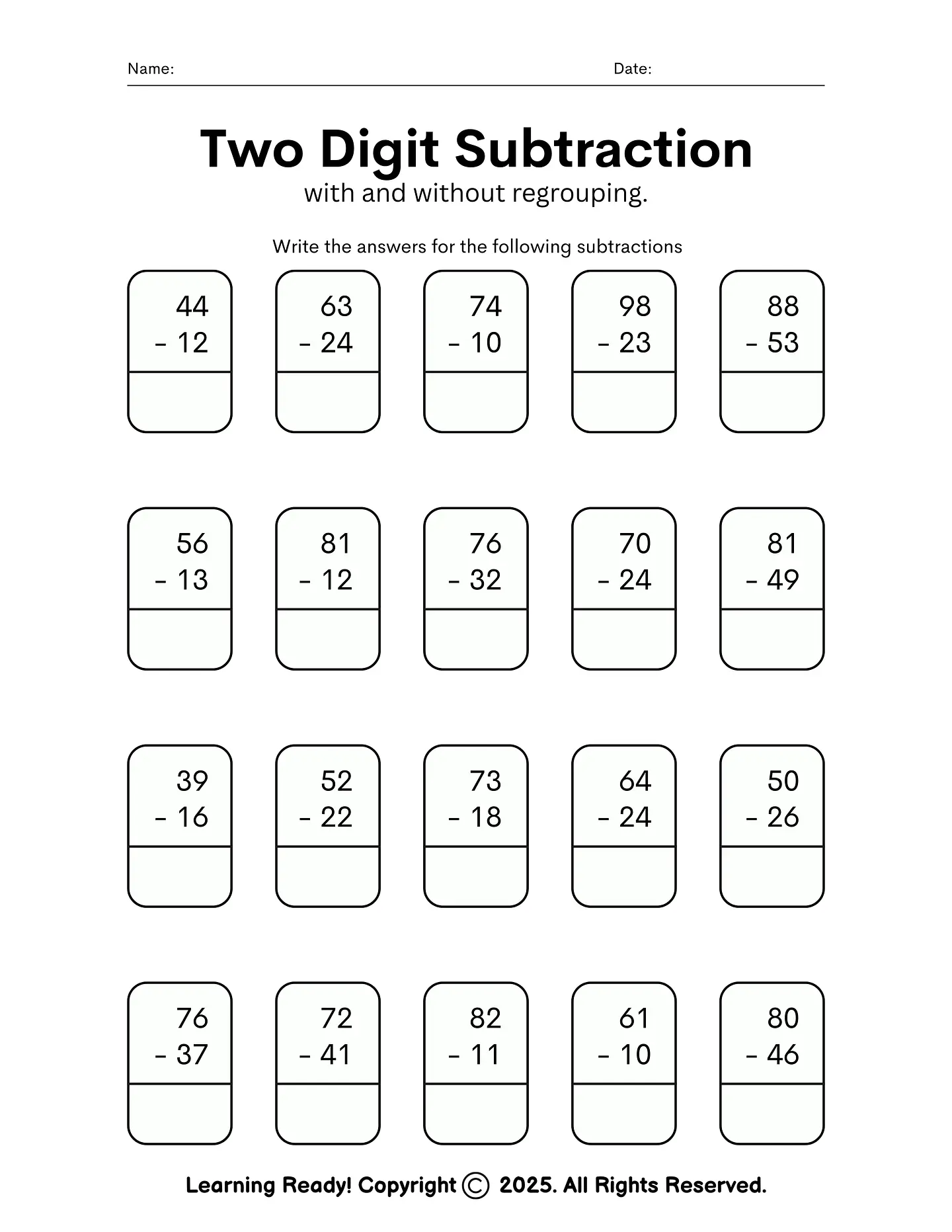 Two Digit Subtraction With & Without Regrouping 1
