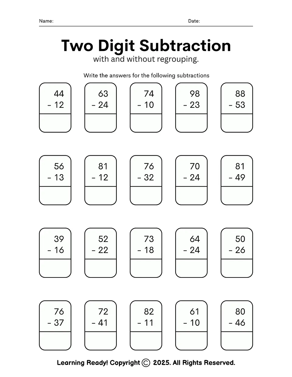 Two Digit Subtraction With & Without Regrouping 1