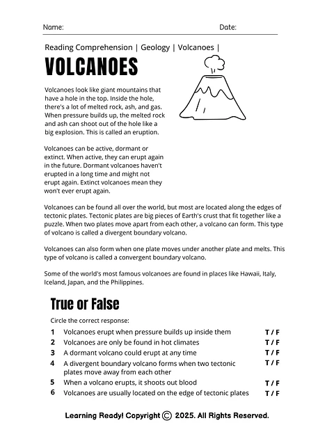 Volcanoes: Reading Comprehension Worksheets