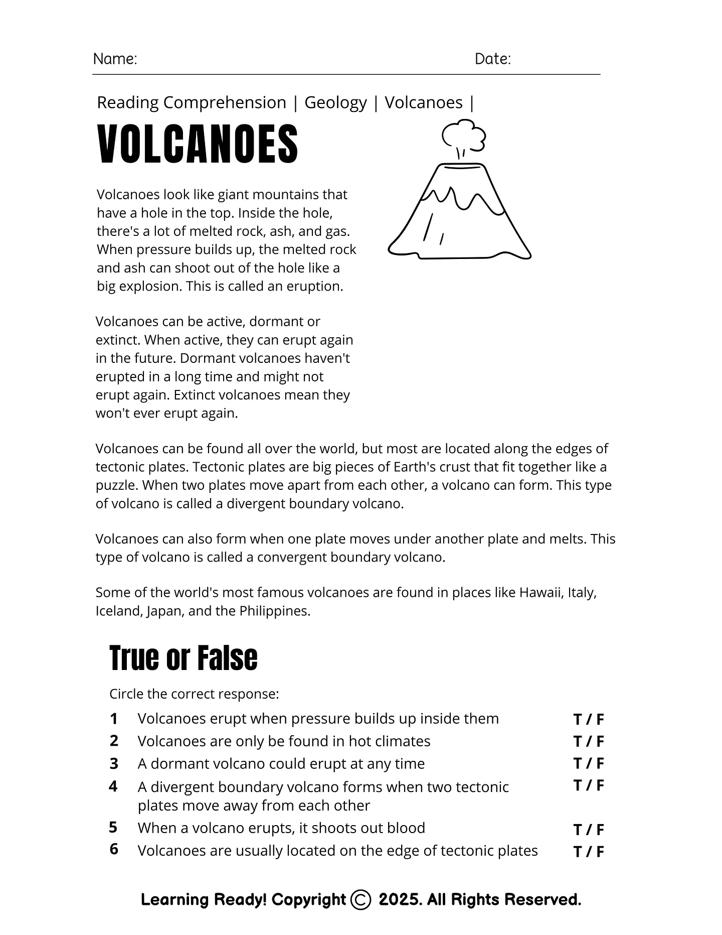 Volcanoes: Reading Comprehension Worksheets 1