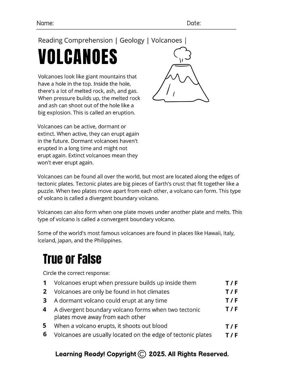 Volcanoes: Reading Comprehension Worksheets 1