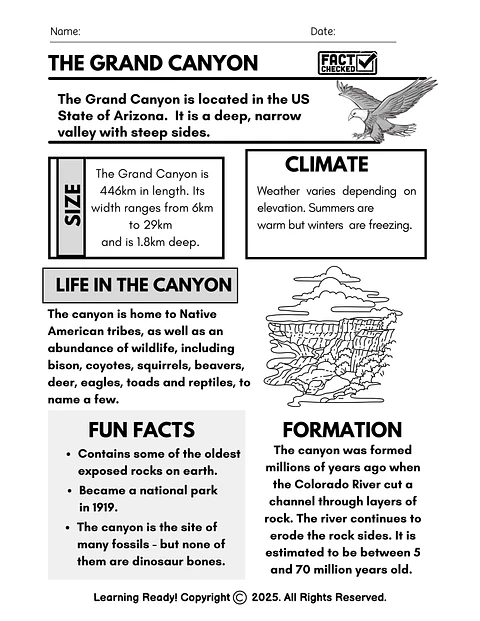 The Grand Canyon: Reading Comprehension Worksheet