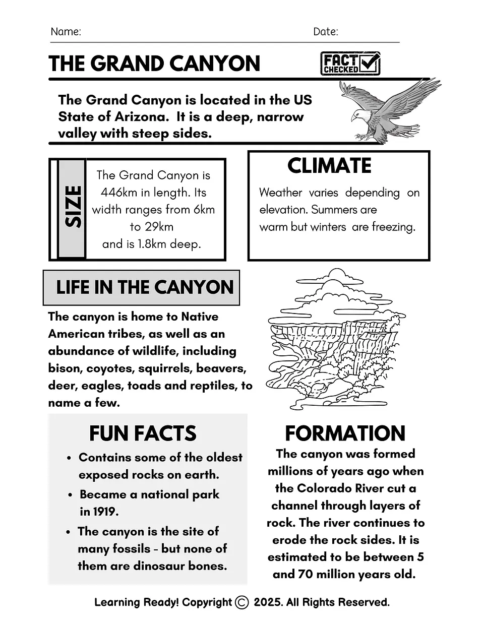 The Grand Canyon: Reading Comprehension Worksheet 1
