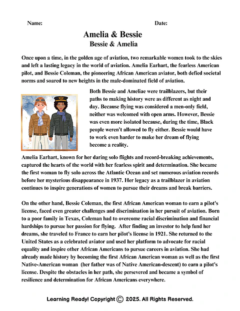 Amelia & Bessie: Reading Comprehension Worksheets