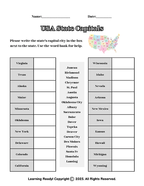 Identify US State Capitals Worksheet